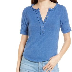 We the free On The Run Cotton Blend Henley Top In Delft blue XL women boho